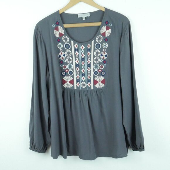 Solitaire Large Top Embroidered Boho Popover Relaxed Peasant Blouse Hippy Gray - Picture 1 of 7